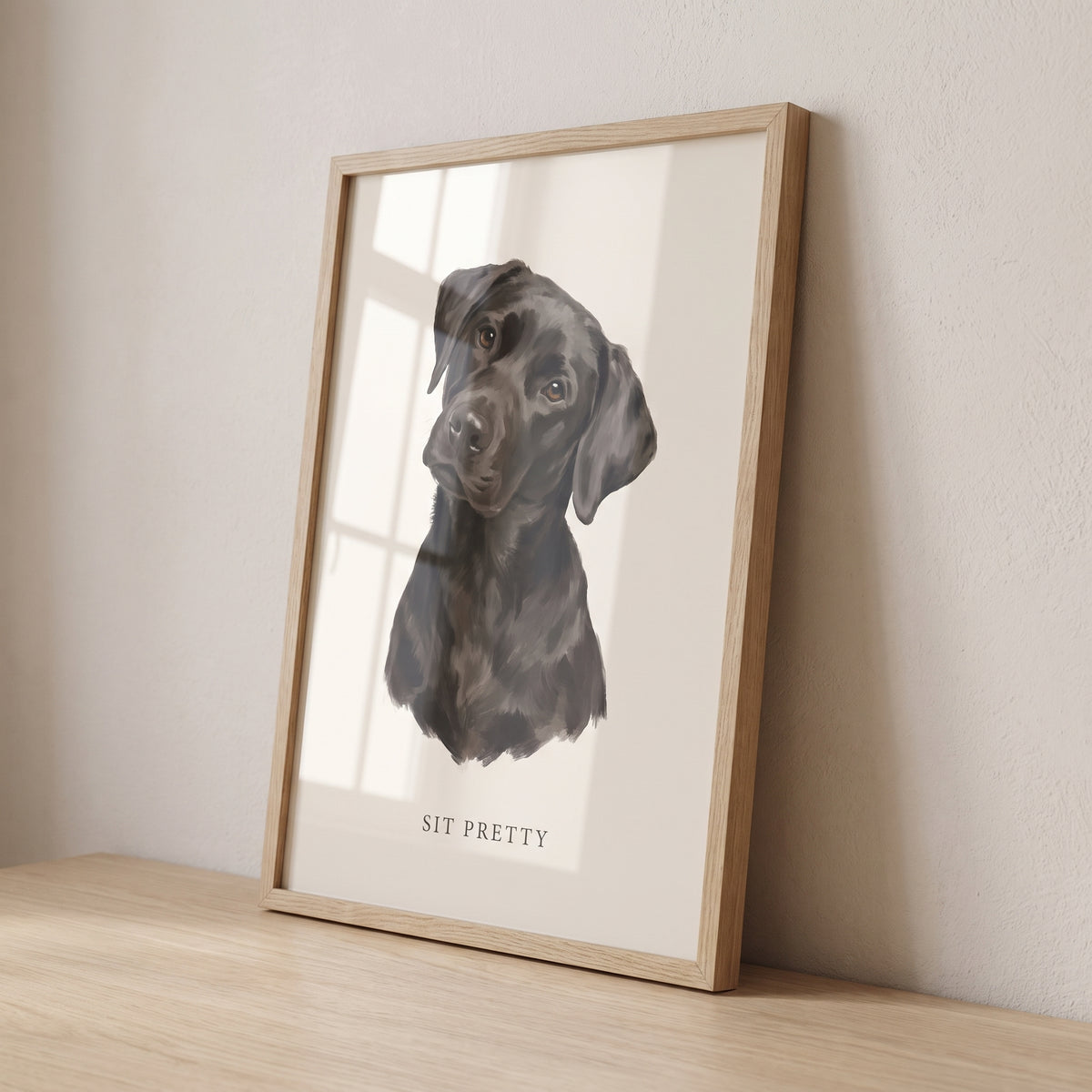 Inramat hundporträtt i 21×30 cm, ljus ekram, sett från sidan