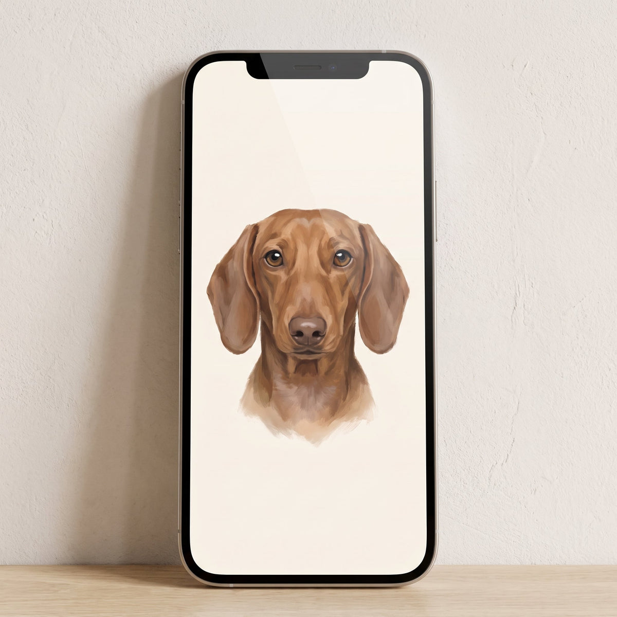 Hundporträtt som digital bild, visad som bakgrundsbild på en telefon
