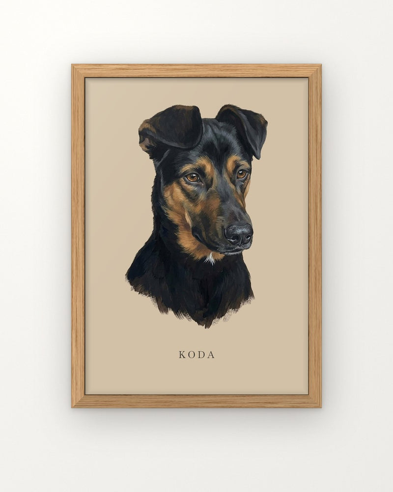Hundporträtt mot bakgrunden Oat, 21×30 cm, ram i ljust trä